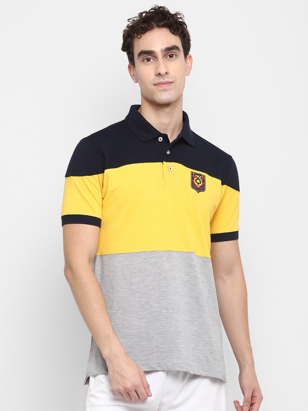 

OFF LIMITS Men Grey & Yellow Colourblocked Polo Collar T-shirt