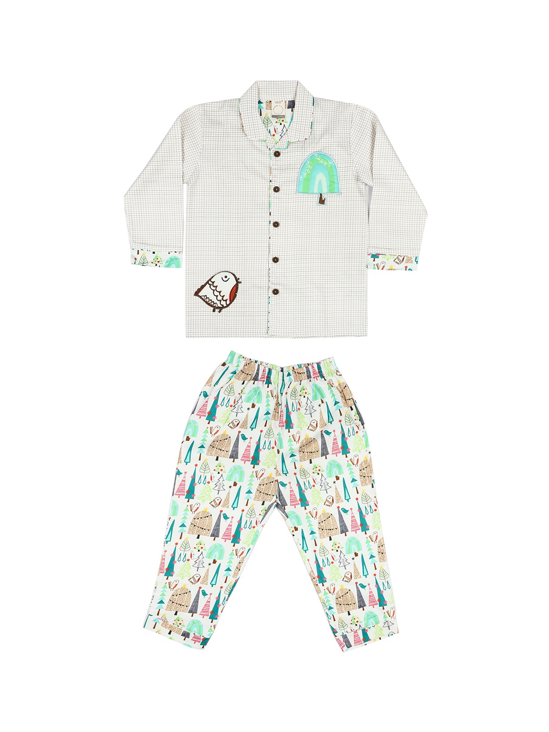 

CASA DE NEE NEE Kids Off White & Green Printed Night Suits