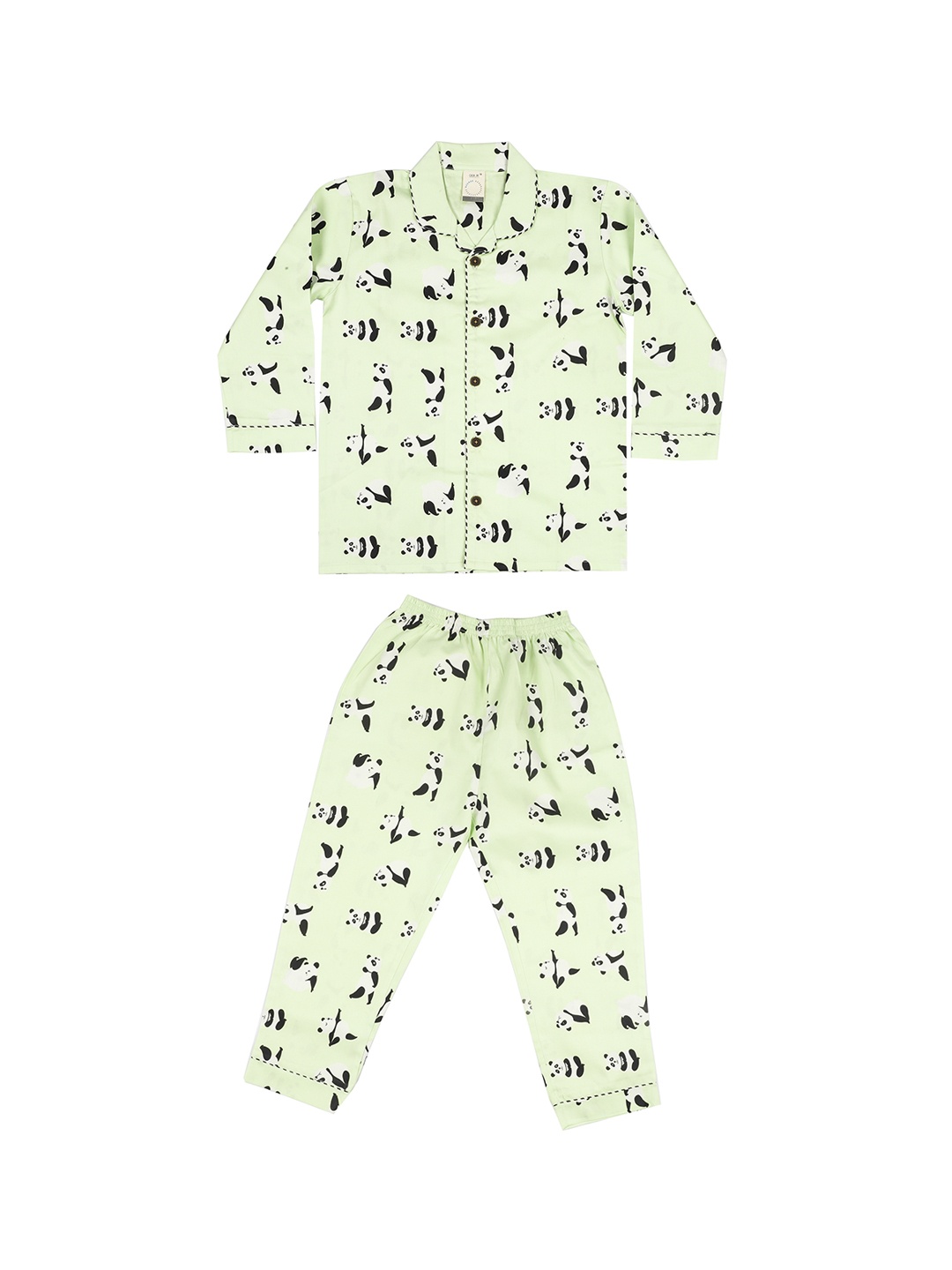 

CASA DE NEE NEE Unisex Kids Mint Green Pure Cotton Panda Printed Night Suit