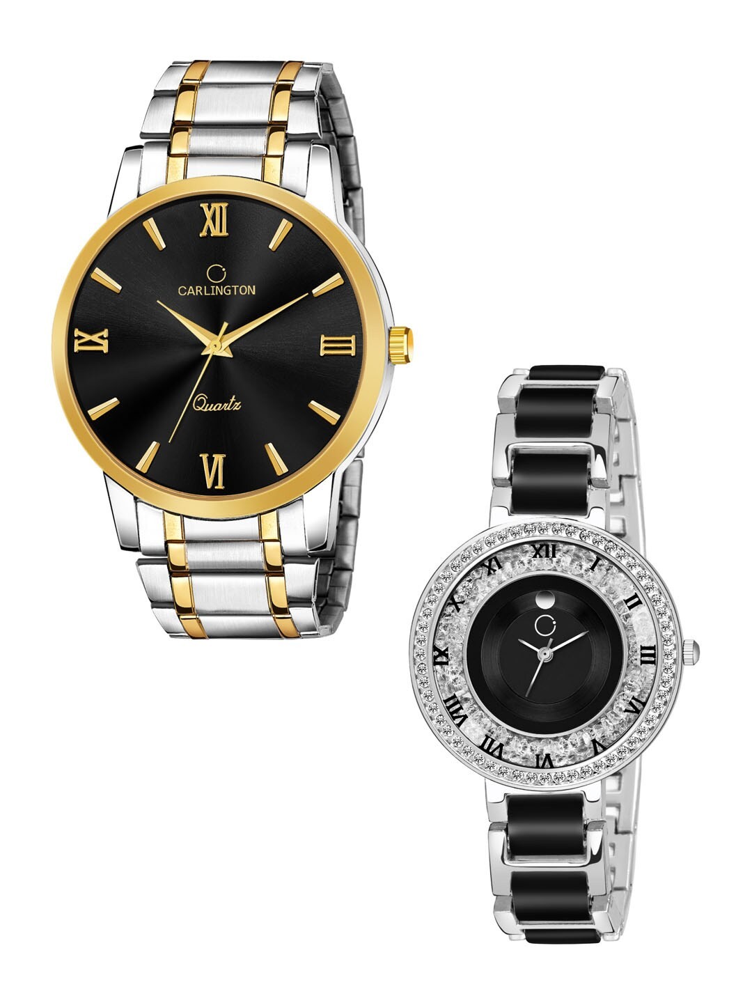 

CARLINGTON Pack-2 Unisex Multicoloured Analogue Watch Combo CT-6210SB and Mova SteelBlack, Black