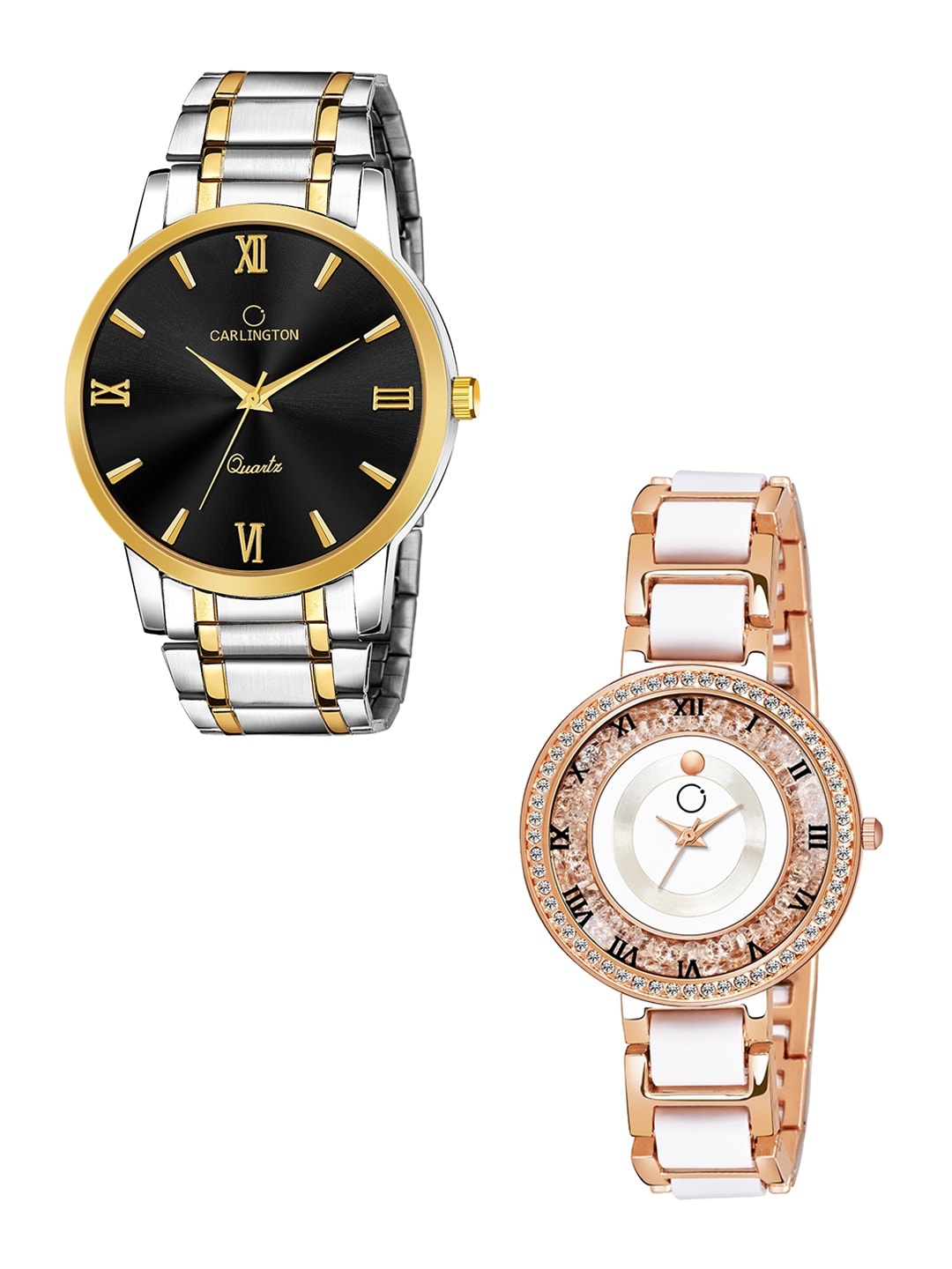 

CARLINGTON Unisex Set of 2 Embellished Dial & Stainless Steel Bracelet Style Watches, Black