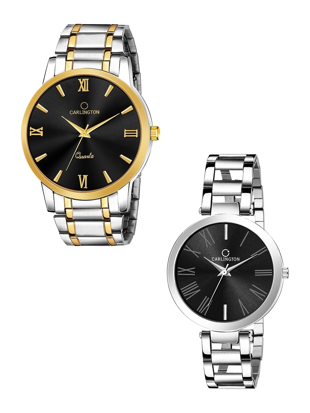 

CARLINGTON Set of 2 Stainless Steel Bracelet Style Straps Analogue Watches, Black