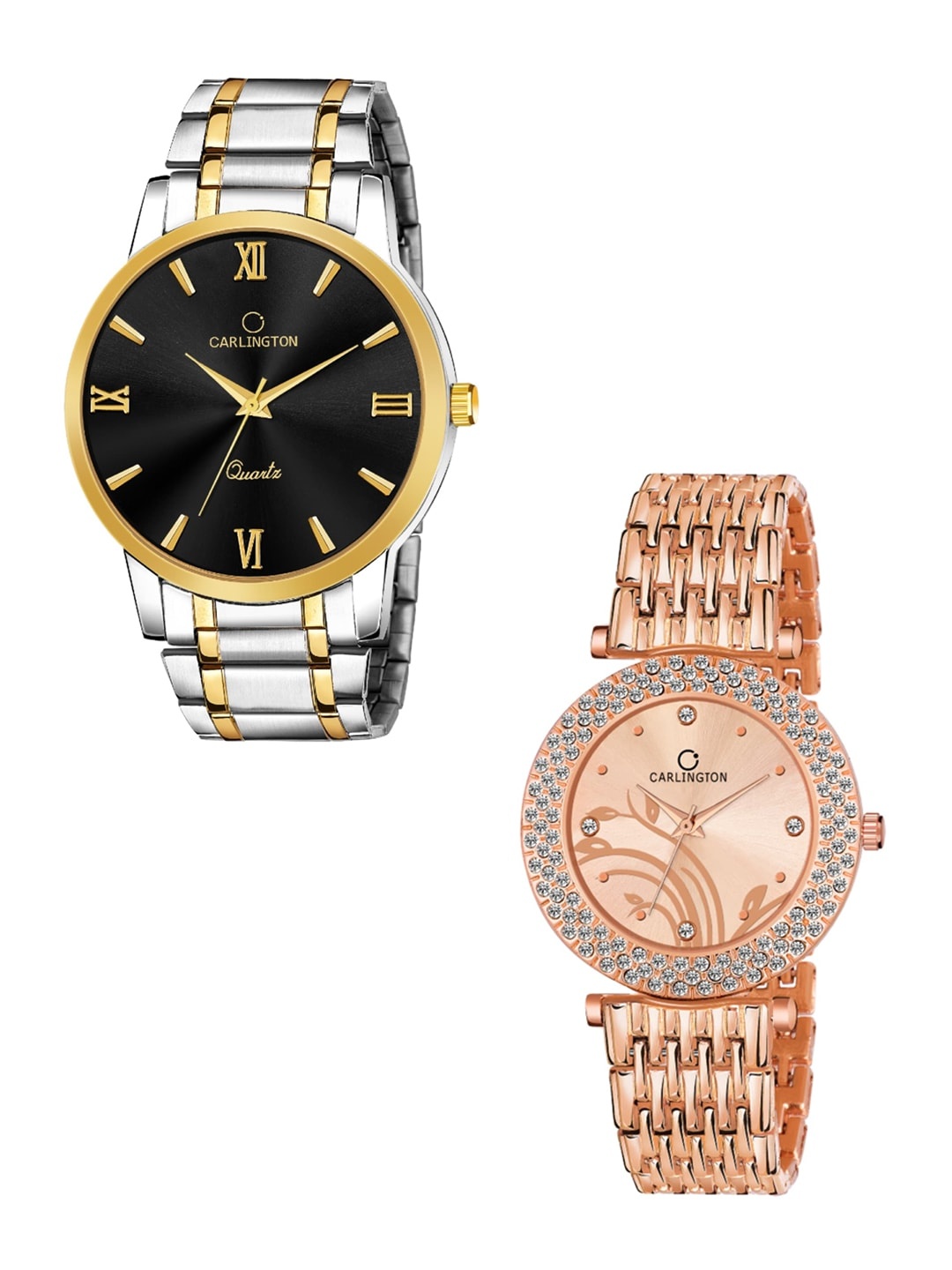 

CARLINGTON Set of His & Her Silver & Rose-Gold Analogue Bracelet Watches, Black
