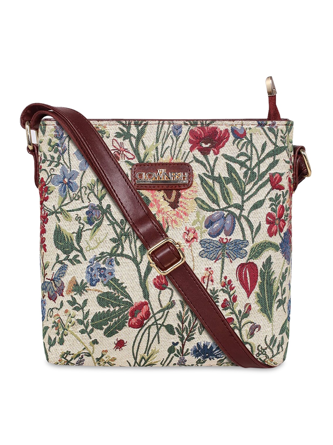 

THE CLOWNFISH Brown Floral Printed Structured Sling Bag