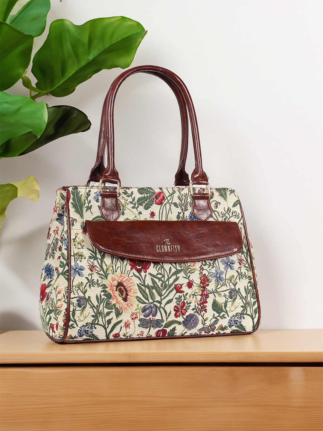 

THE CLOWNFISH Brown Floral Printed Structured Shoulder Bag