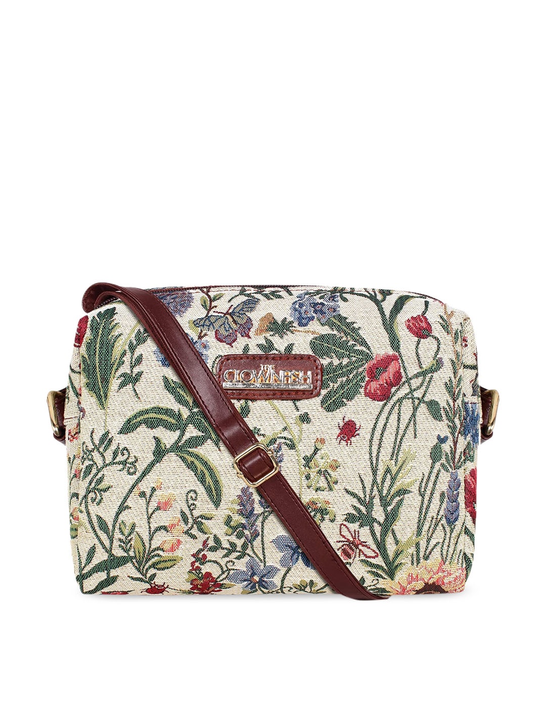 

THE CLOWNFISH Beige Floral Printed Bucket Sling Bag