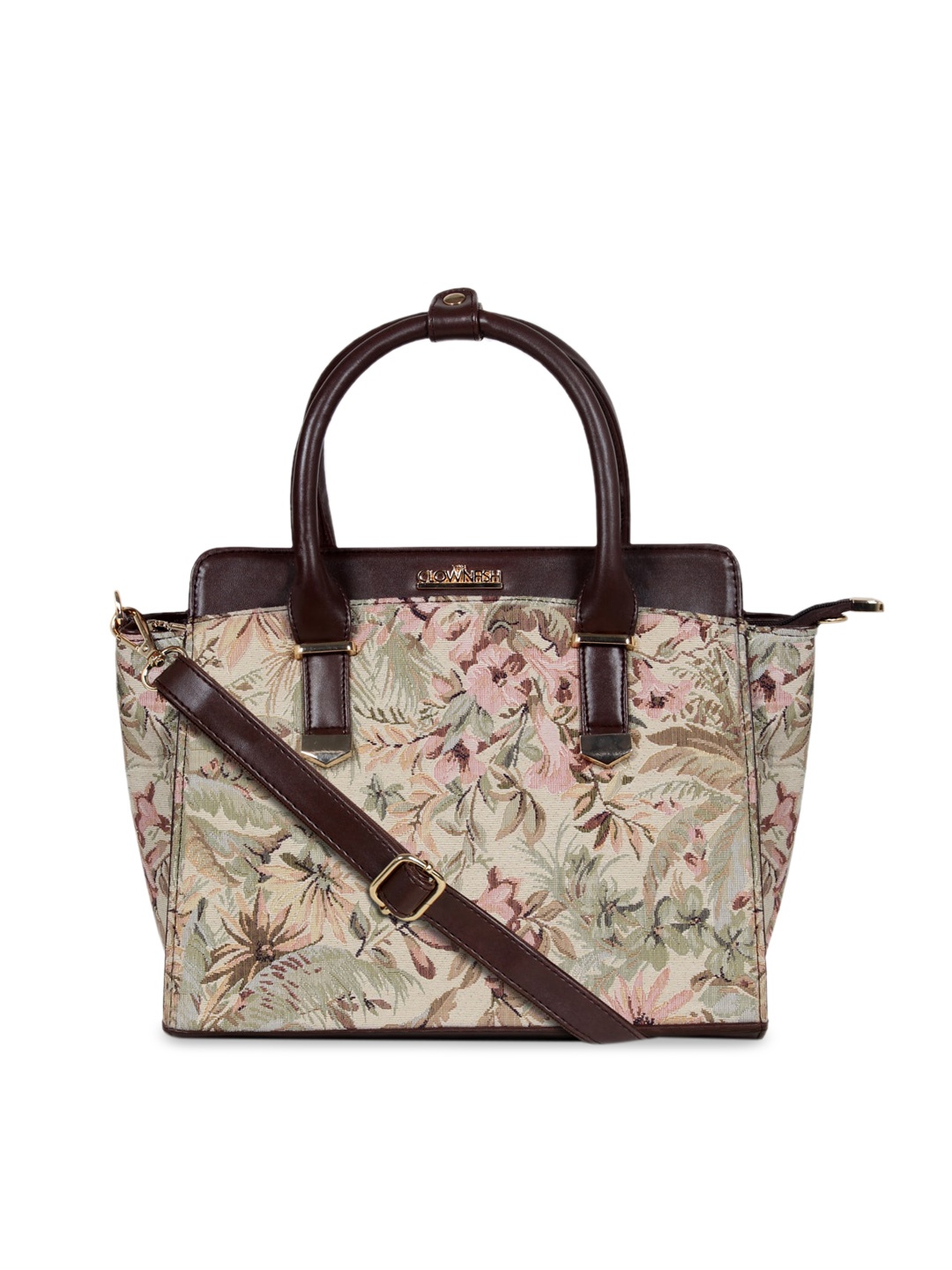 

THE CLOWNFISH Beige Floral Printed Bowling Handheld Bag