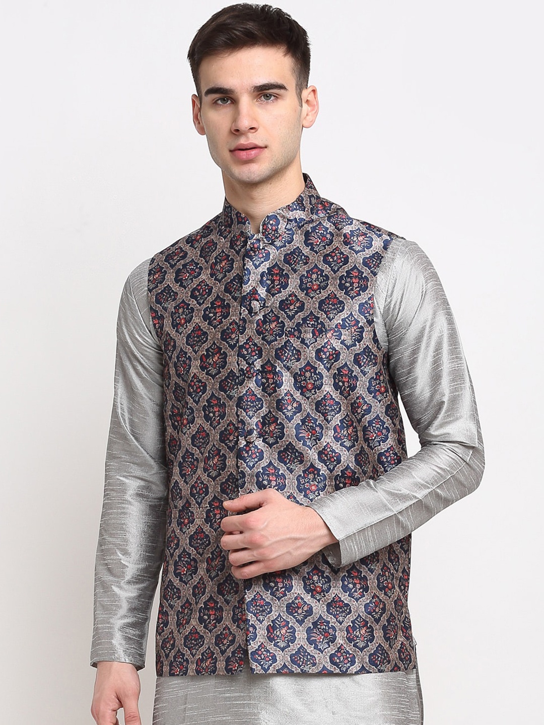 

Jompers Men Grey & Navy Blue Digital Printed Satin Nehru Jacket