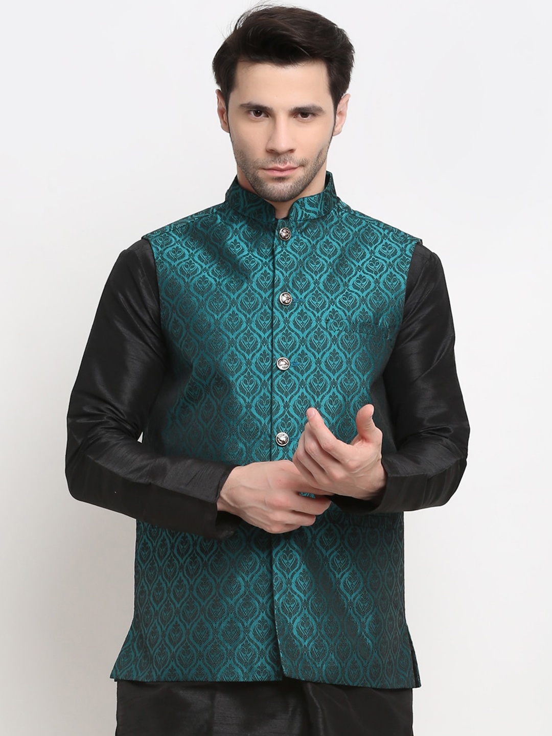 

Jompers Men Teal Green & Black Woven Design Nehru Jacket