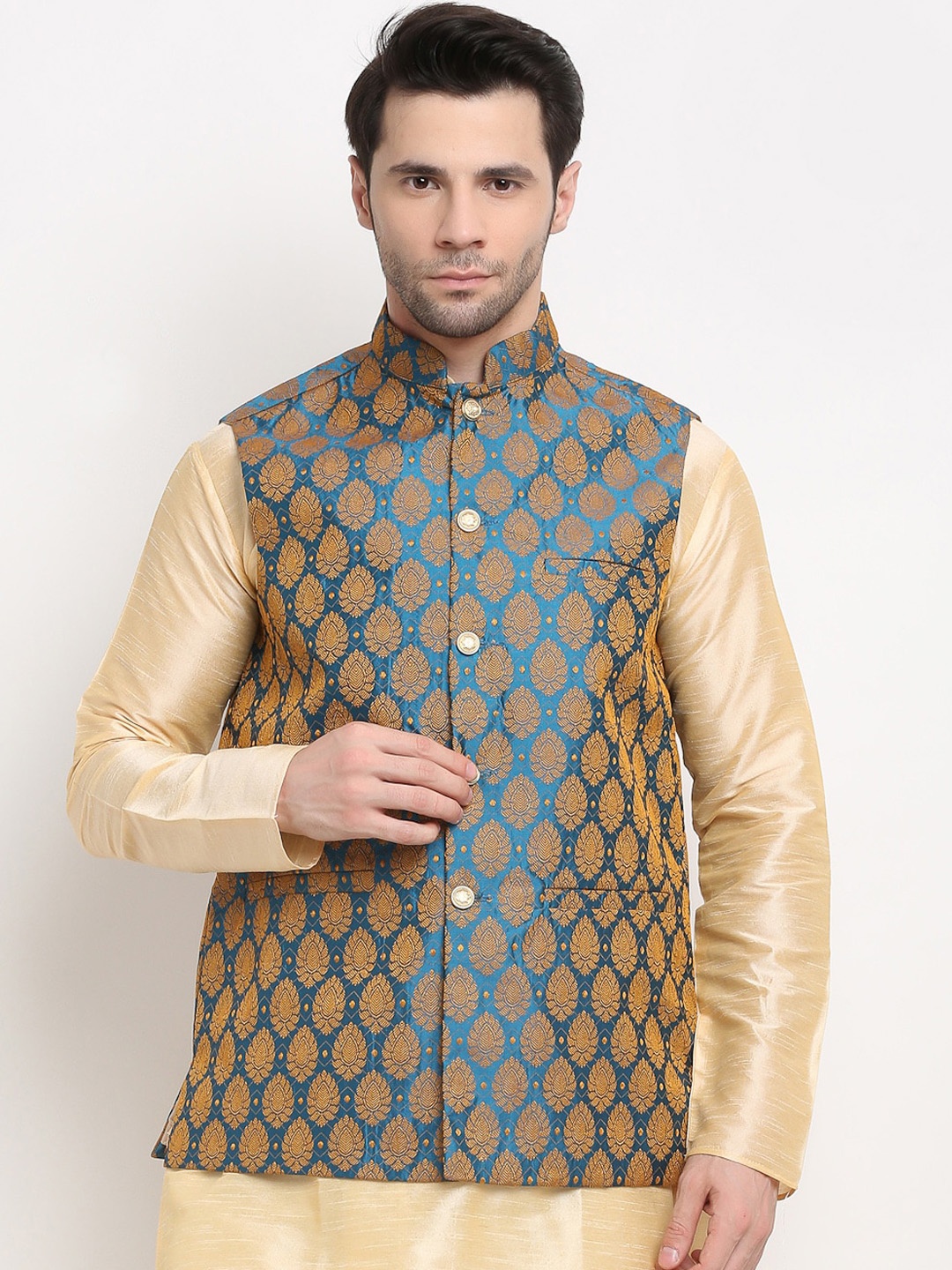 

Jompers Men Blue & Golden Woven Design Nehru Jacket