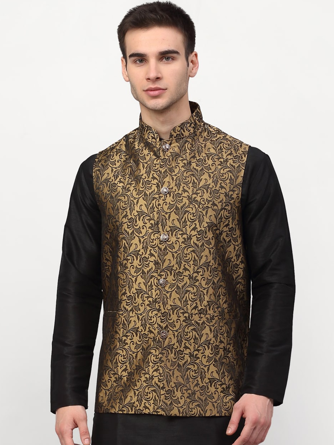 

Jompers Men Golden & Black Woven Design Nehru Jacket, Gold
