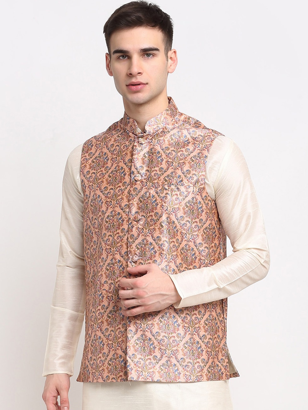 

Jompers Men Peach-Coloured & Blue Digital Printed Satin Nehru Jacket