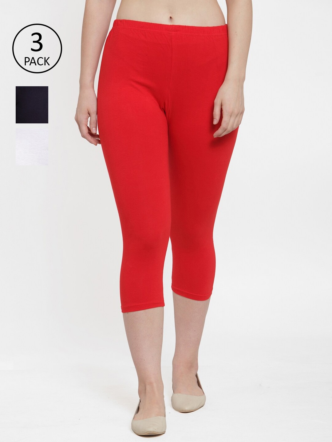 

GRACIT Women Set of 3 Red & Navy Blue Solid Capris, White