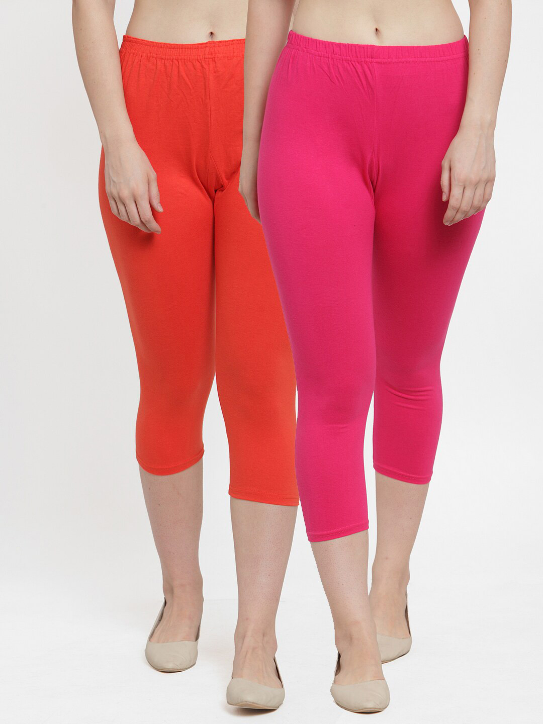 

GRACIT Women Pack of 2 Pink & Orange Solid Regular-Fit Capris