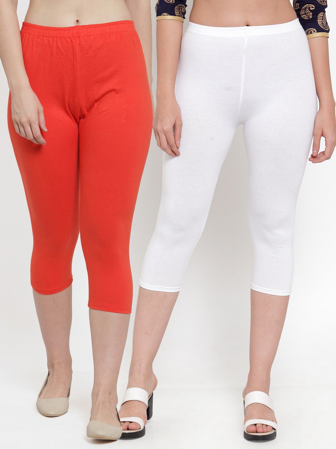 

GRACIT Women Pack of 2 White & Orange Solid Regular-Fit Capris