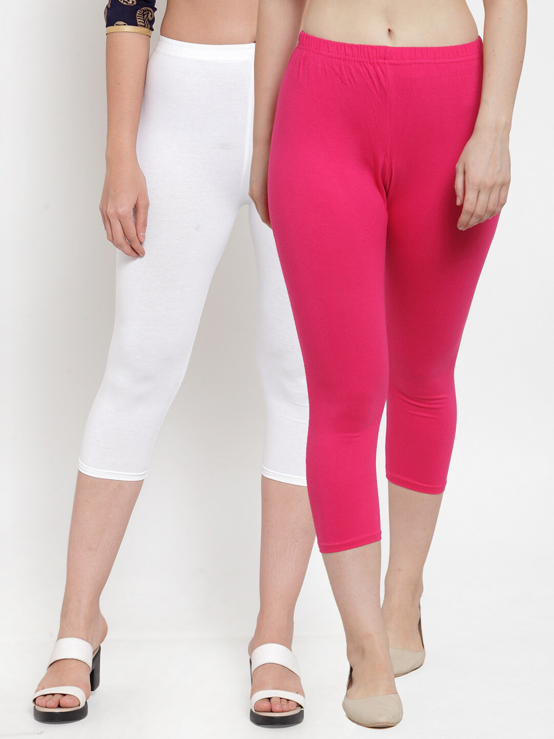 

GRACIT Women Pack of 2 White & Pink Solid Regular-Fit Capris