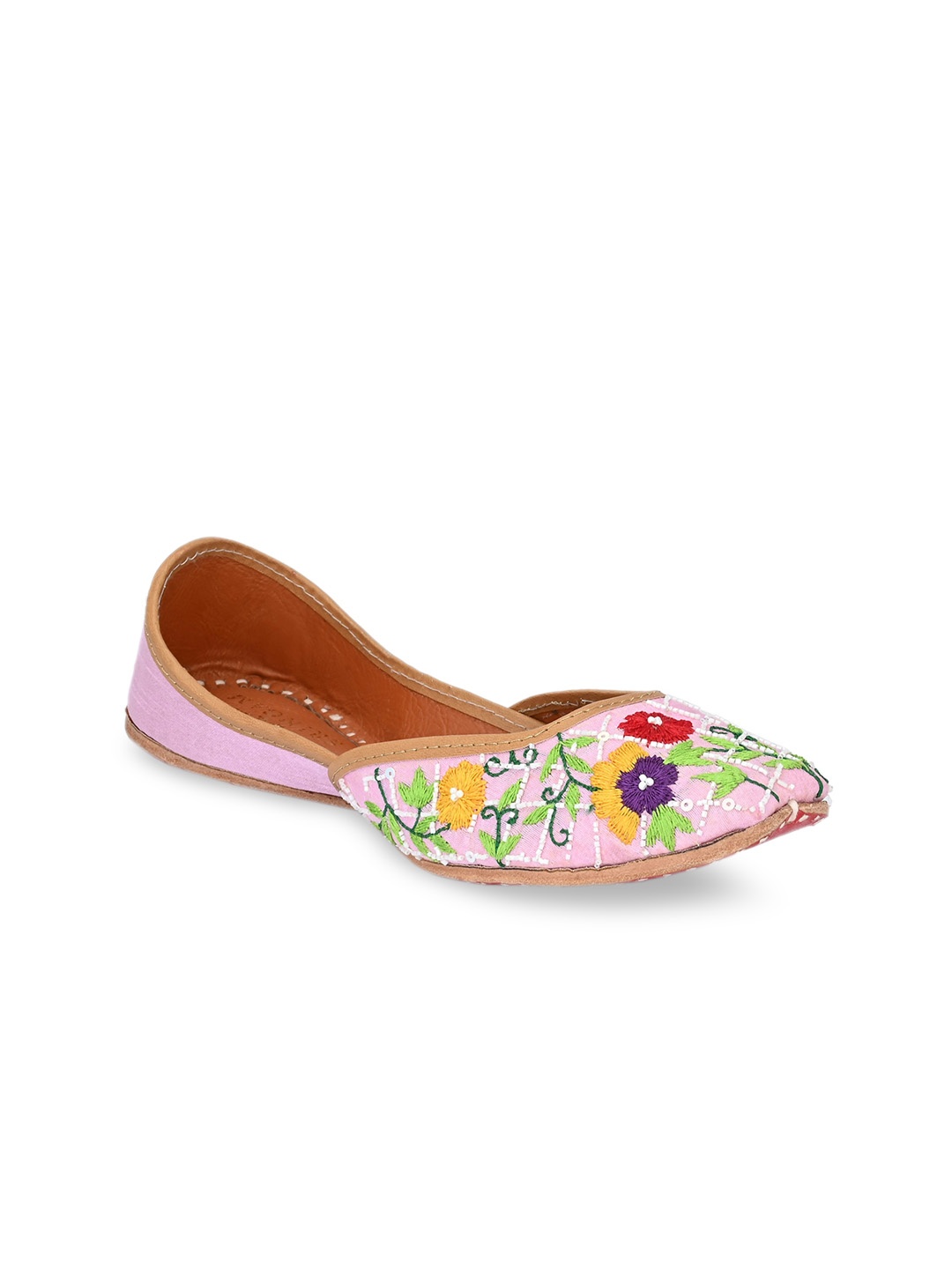 

Sringam Women Pink Embroidered & Embellished Leather Ethnic Mojaris Flats
