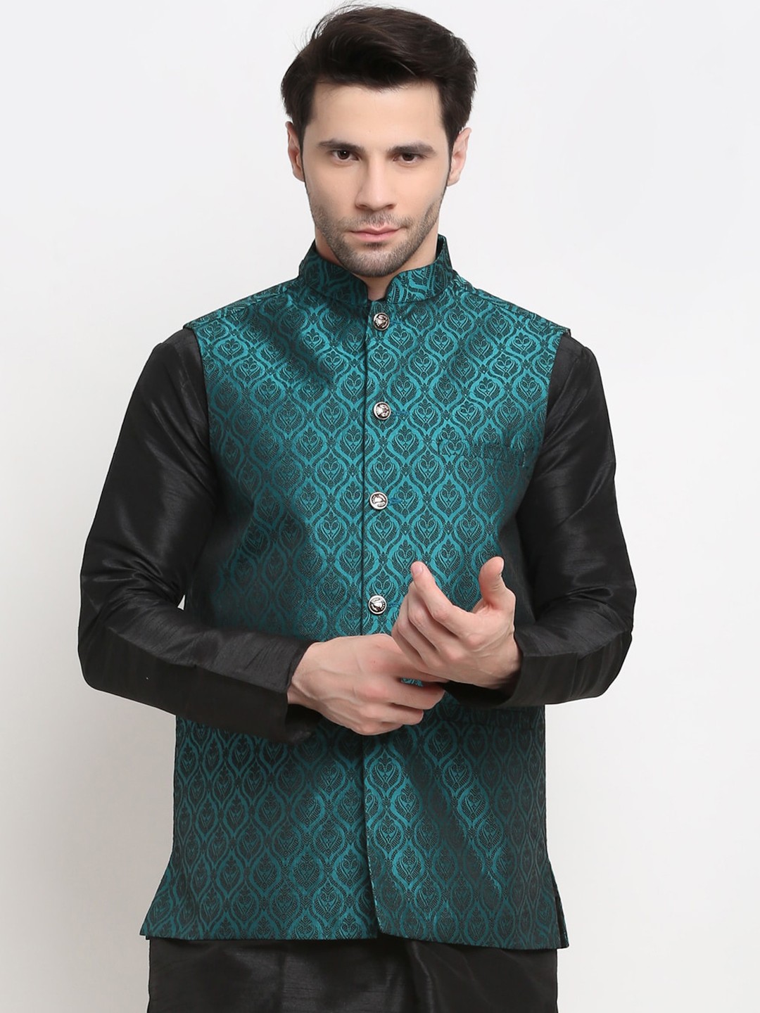 

Jompers Men Green Woven-Design Nehru Jacket