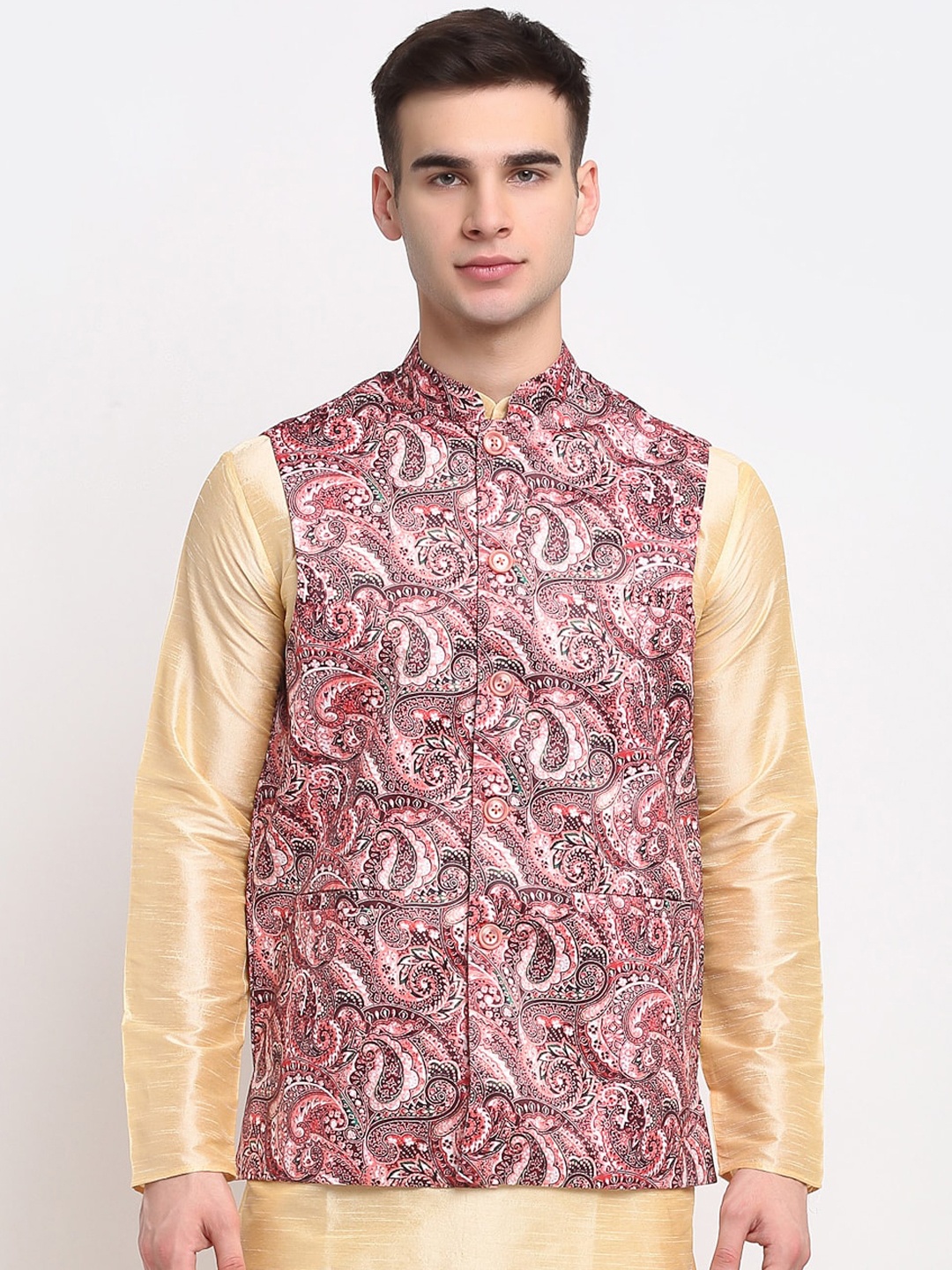 

Jompers Men Pink & White Digital Printed Satin Nehru Jacket