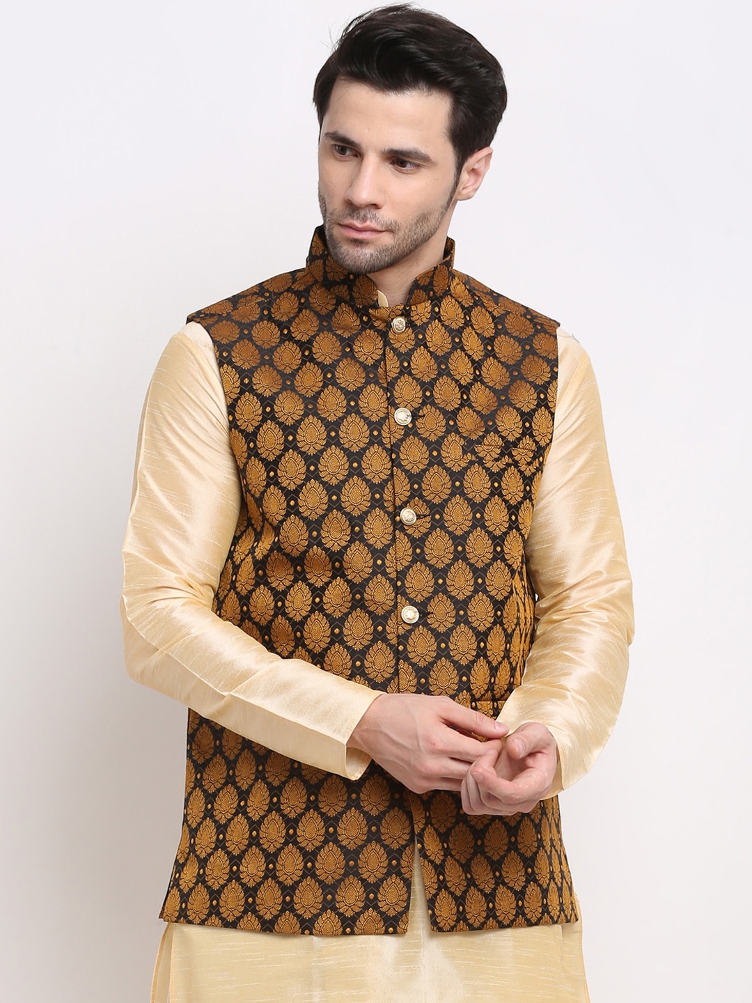 

Jompers Men Black & Mustard Yellow Woven Design Nehru Jacket