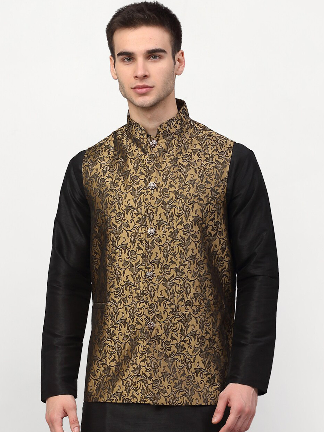 

Jompers Men Gold-Toned & Black Woven-Design Nehru Jacket