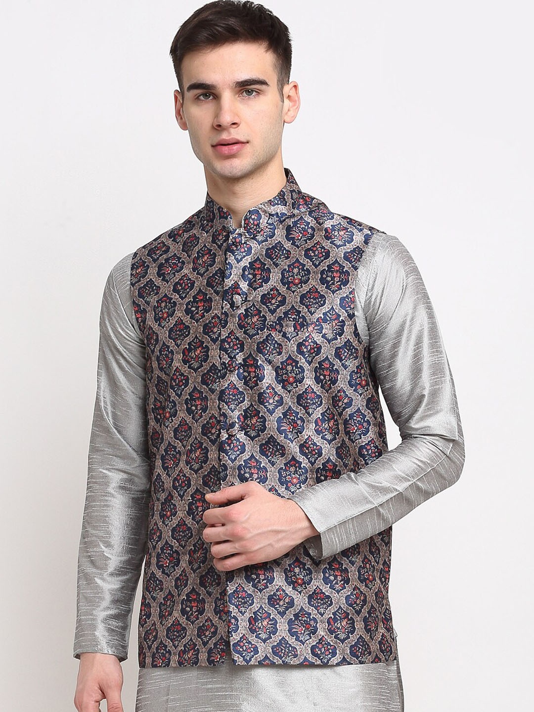 

Jompers Men Grey & Navy Blue Digital Printed Satin Nehru Jacket