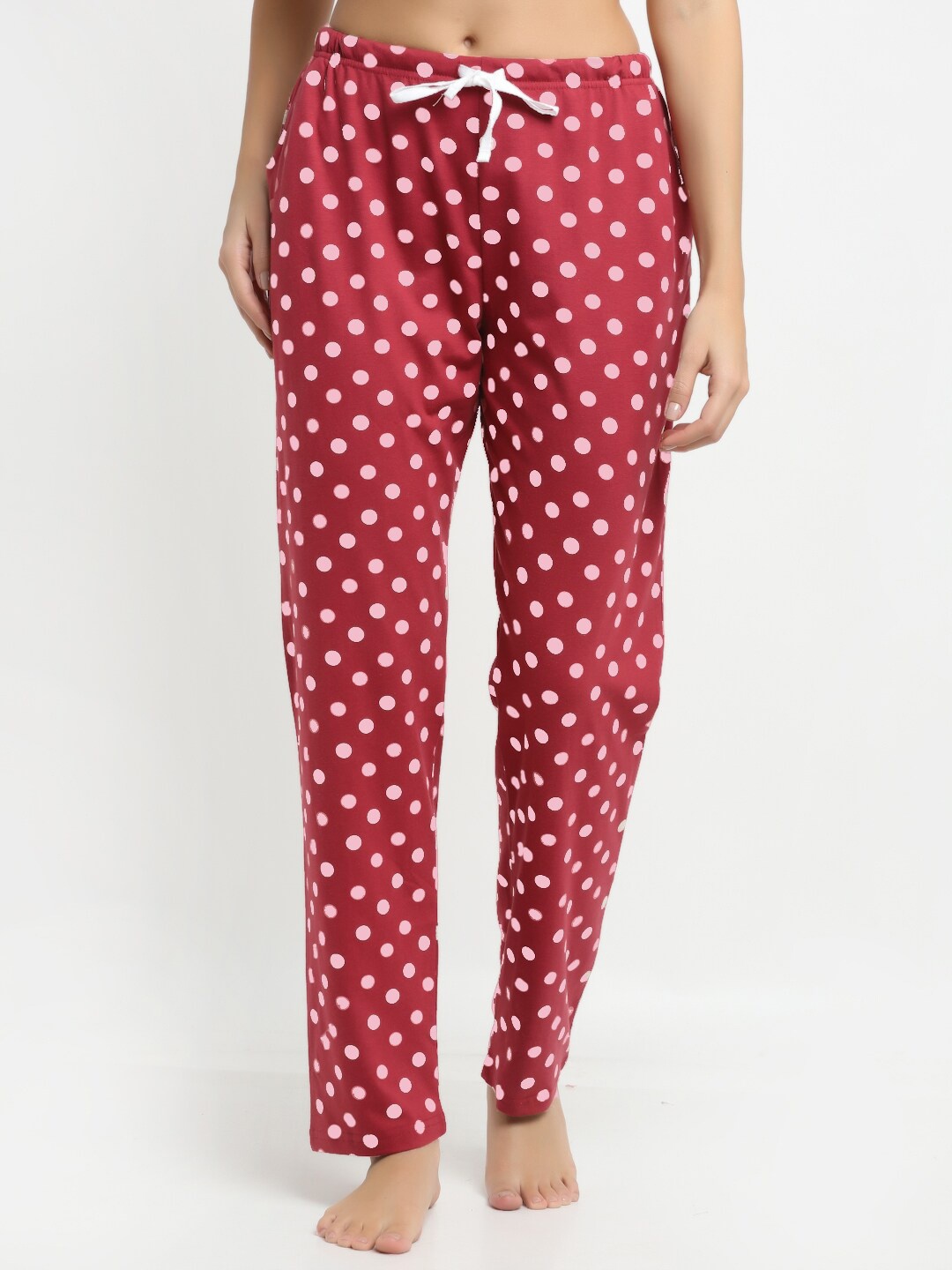 

Kanvin Women Pure Cotton Red & White Polka Dots Printed Lounge Pant