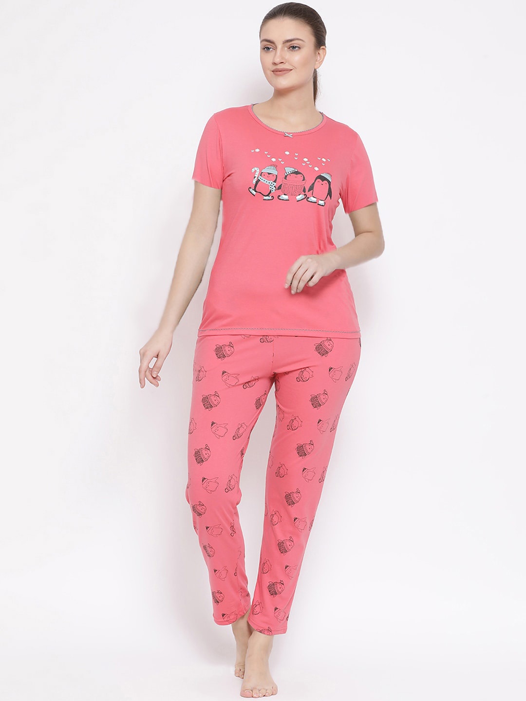 

Kanvin Women Peach-Colored Pure Cotton Printed Top And Pajamas Night Suit