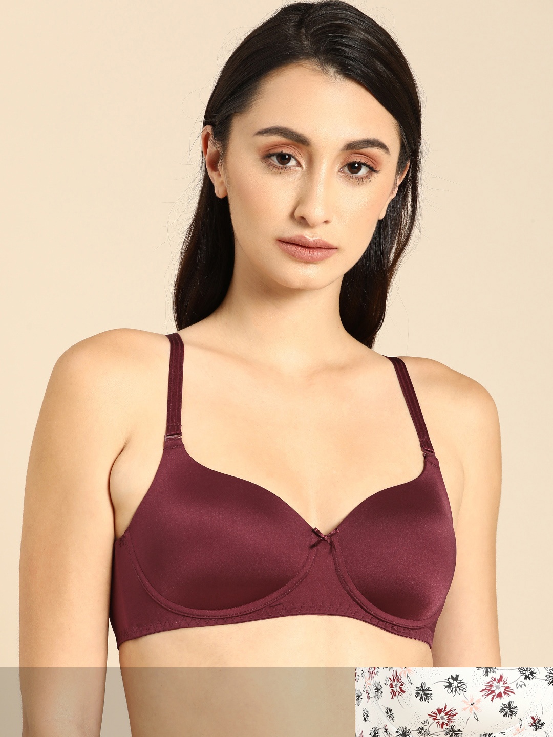 

Triumph Microfibre Padded Wireless Printed And Solid T-Shirt Bra - Pack of 2, Burgundy