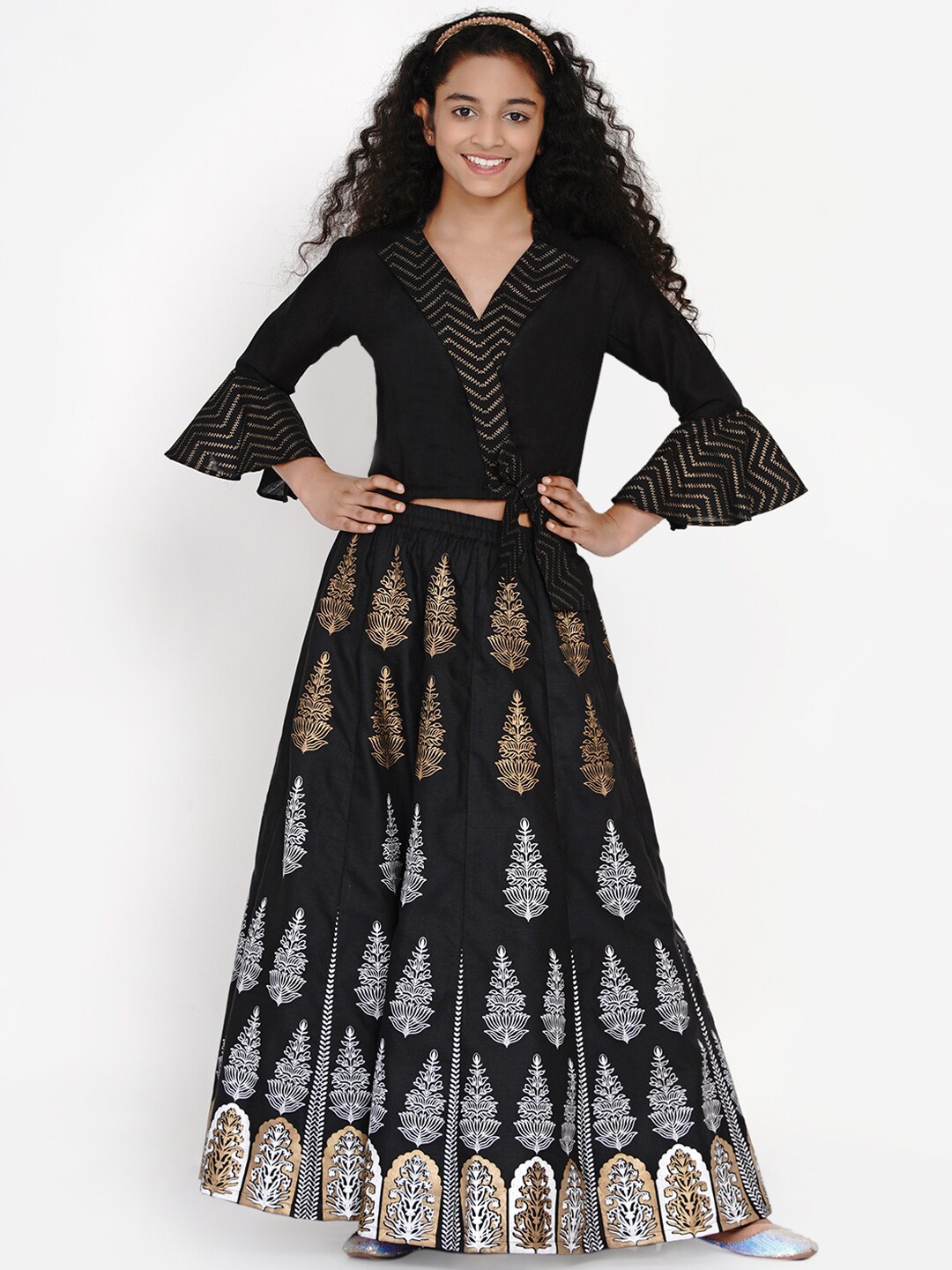 

Bitiya by Bhama Girls Black & Gold-Toned Block Printed Ready to Wear Lehenga & Choli Set