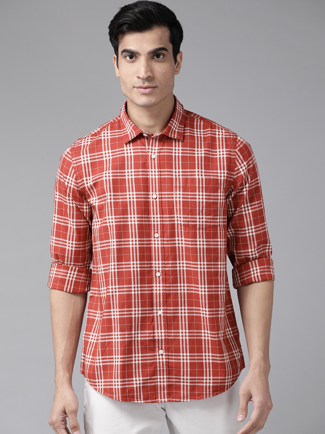 

Blackberrys Men Rust Red & Off White India Slim Fit Pure Cotton Tartan Checks Casual Shirt