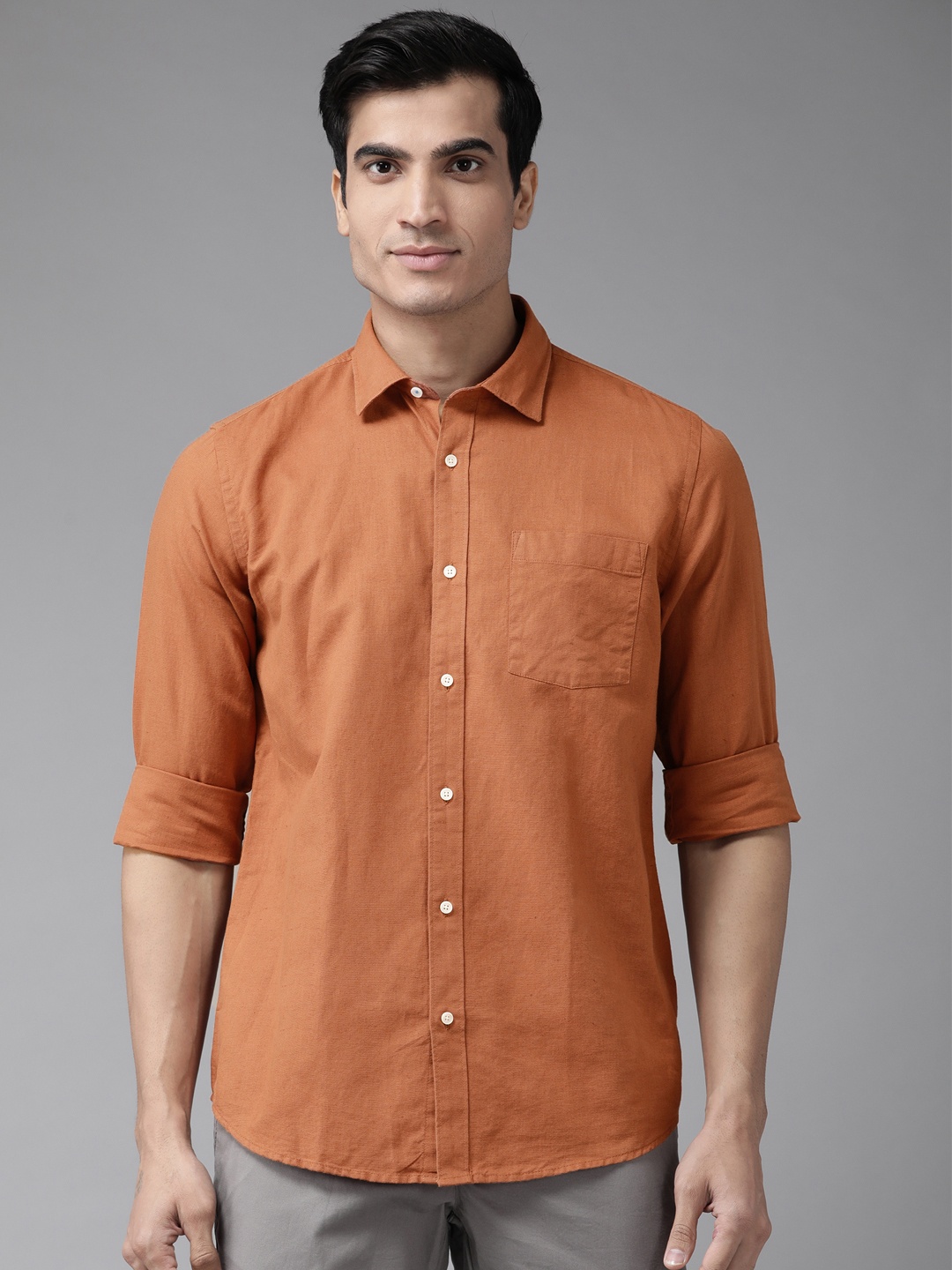 

Blackberrys Men Rust Brown Solid India Slim Fit Casual Shirt