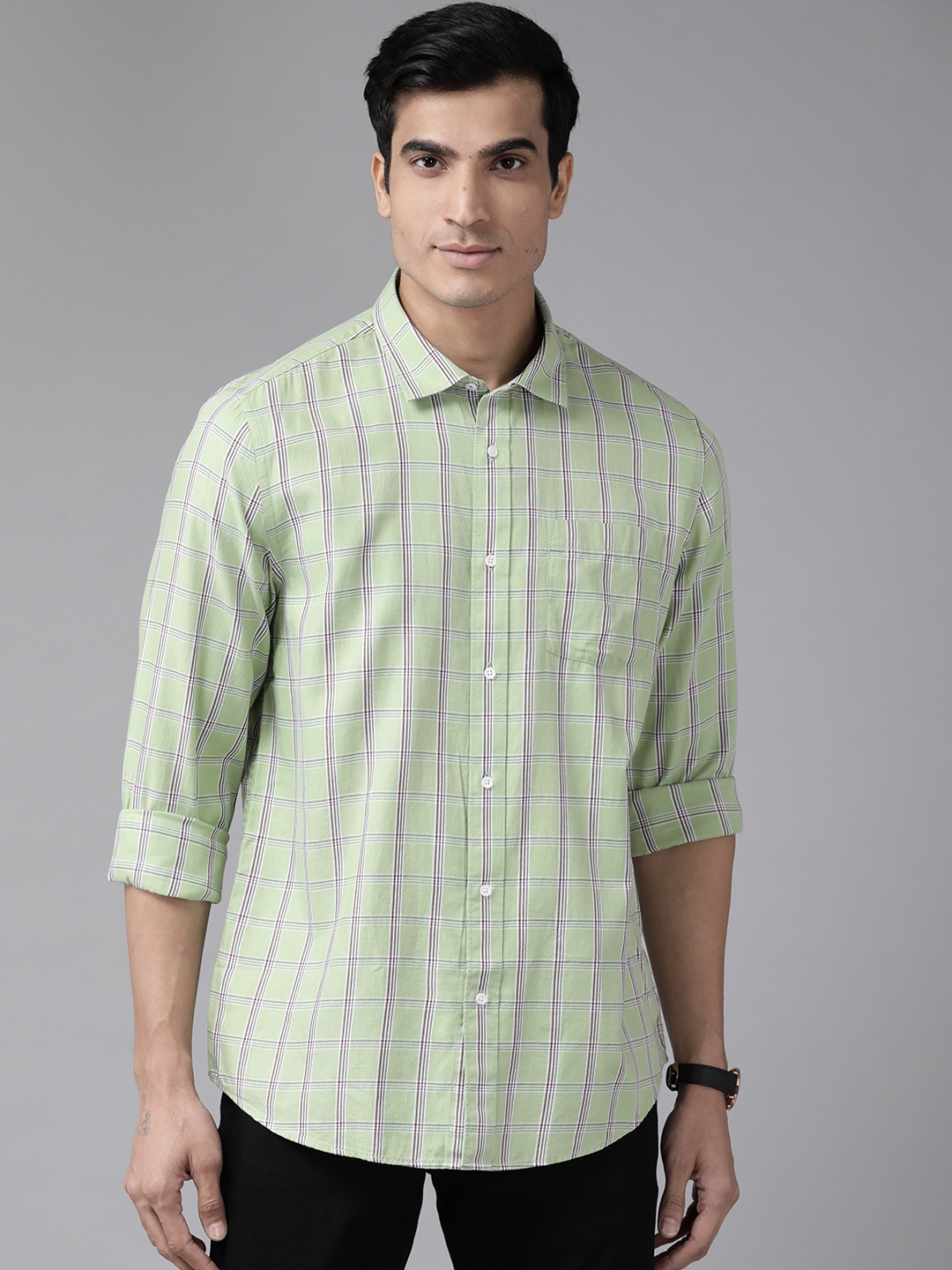 

Blackberrys Men Green & Red India Slim Fit Pure Cotton Checked Casual Shirt
