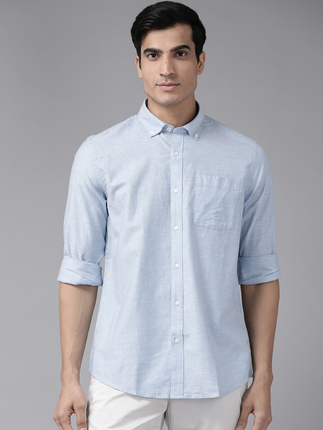 

Blackberrys Men Blue Solid Pure Cotton India Slim Fit Casual Shirt