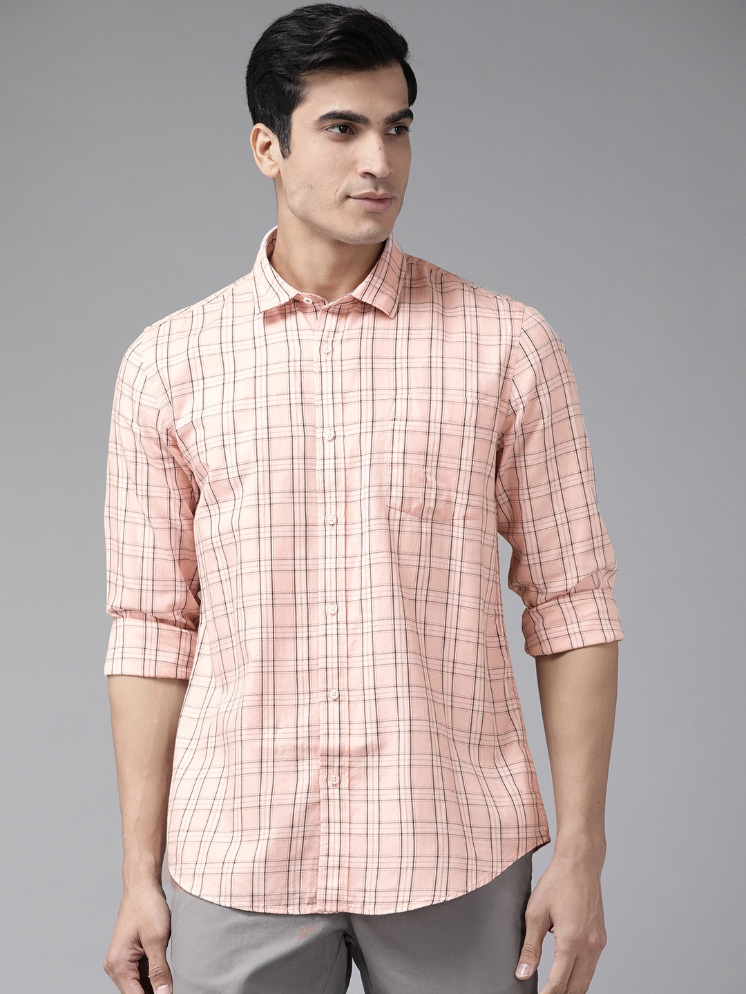 

Blackberrys Men Peach-Coloured India Slim Fit Pure Cotton Tartan Checked Casual Shirt