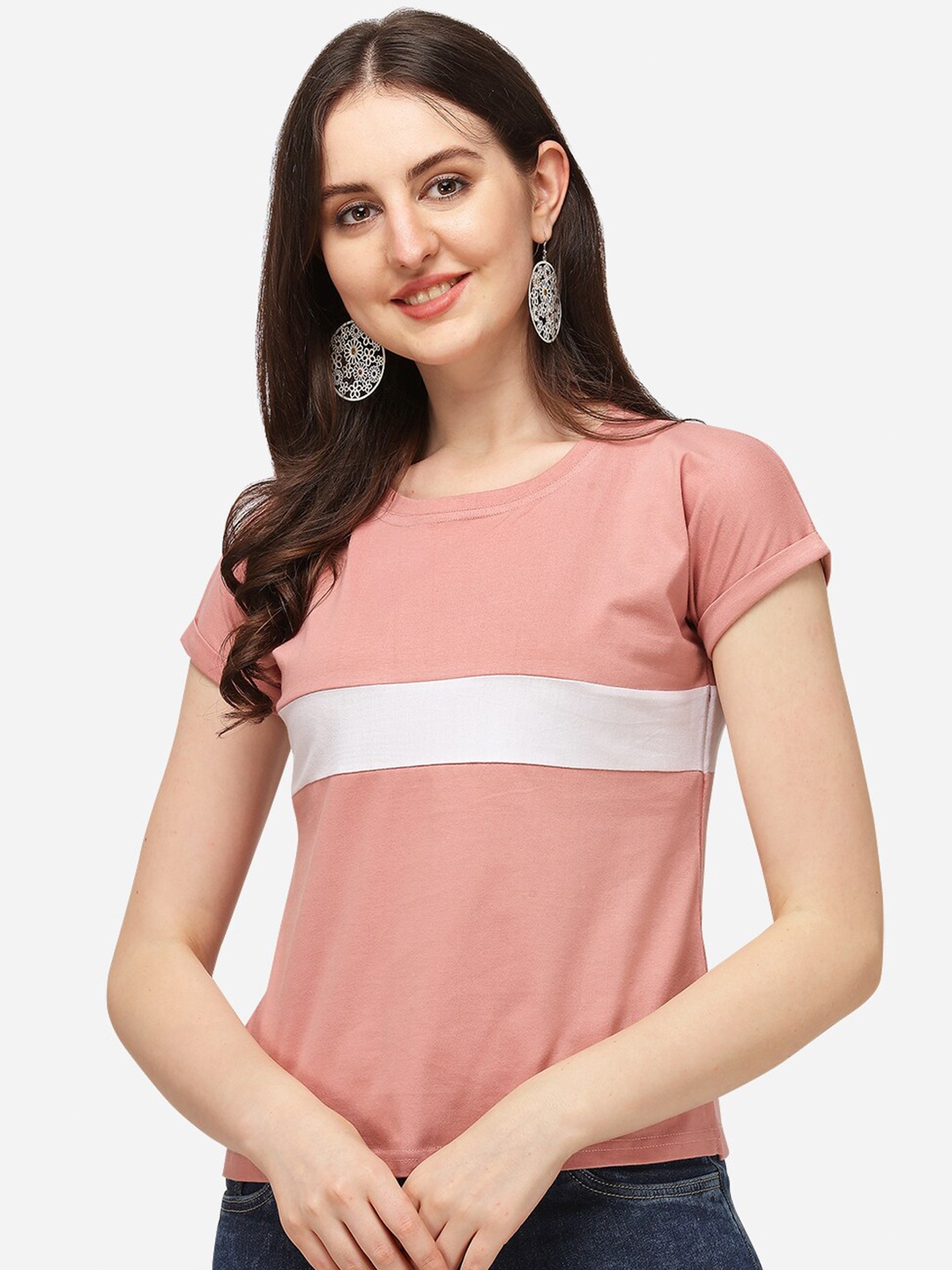 

OM SAI LATEST CREATION Peach-Coloured & White Colourblocked Regular Top