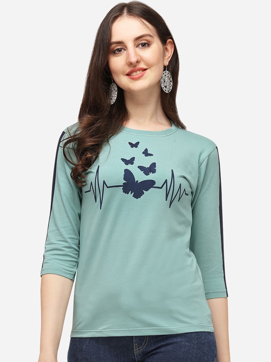 

OM SAI LATEST CREATION Women Sea Green & Navy Blue Printed Regular Top