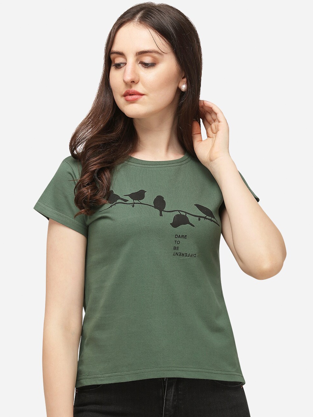 

OM SAI LATEST CREATION Women Olive Green & Black Printed Regular Top