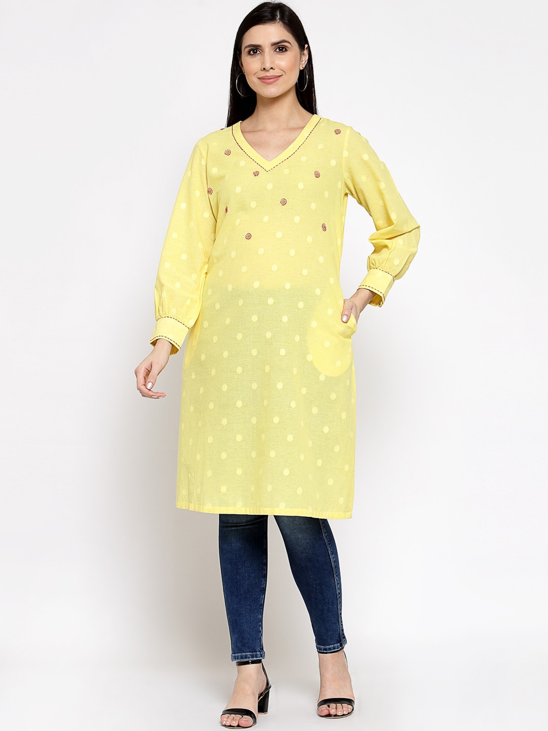 

DART STUDIO Women Yellow Polka Dots Printed Thread Work Kurta