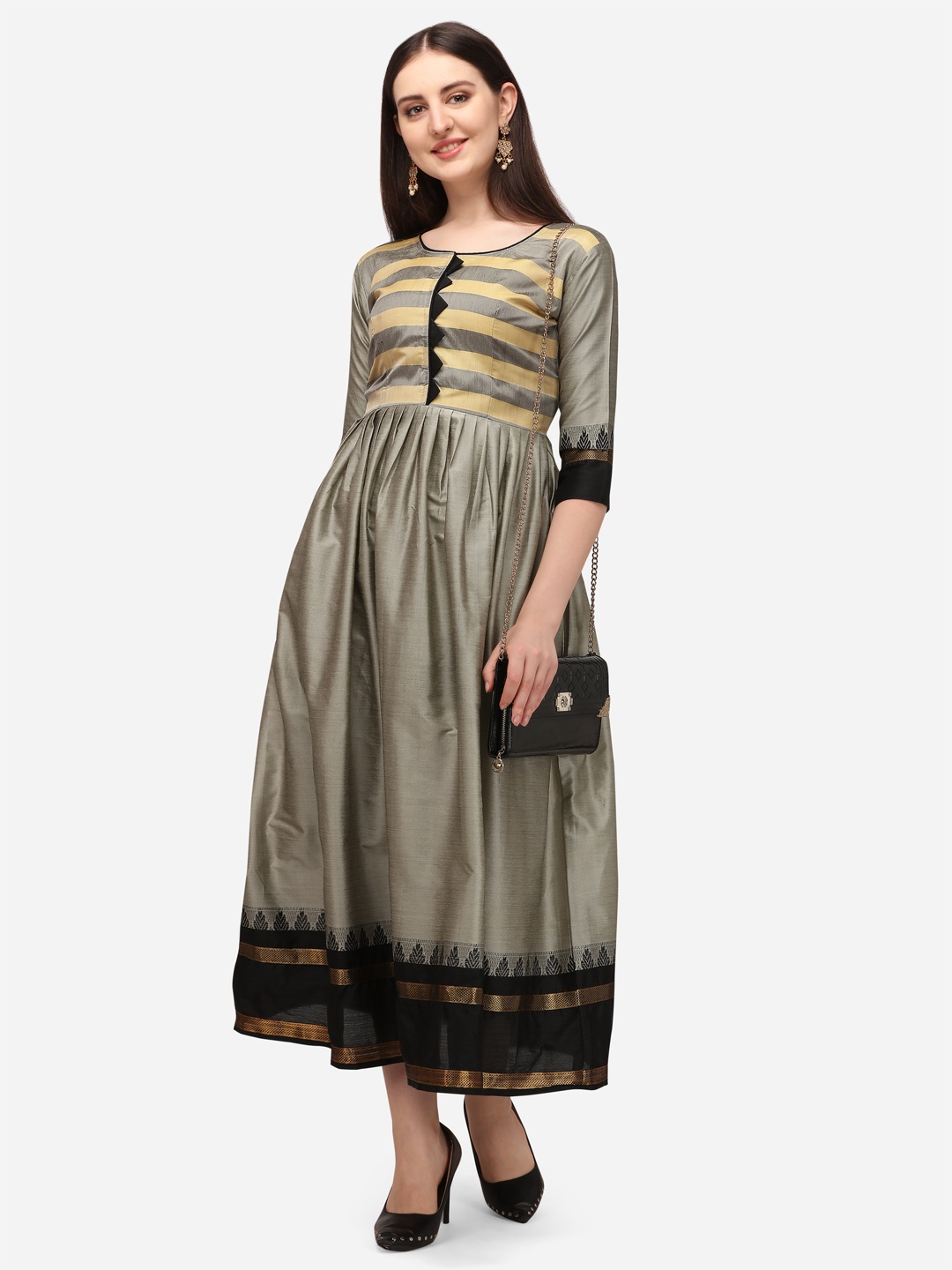 

VENISA Peach-Coloured & Grey Striped Pure Cotton Ethnic Maxi Dress