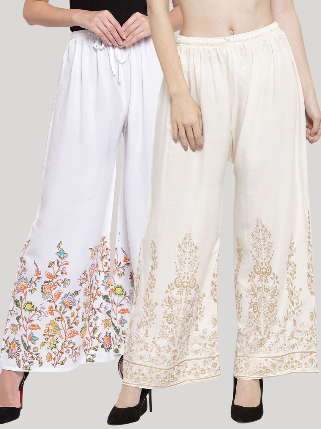 

Clora Creation Women White & Cream-Coloured Pack Of 2 Printed Knitted Palazzos