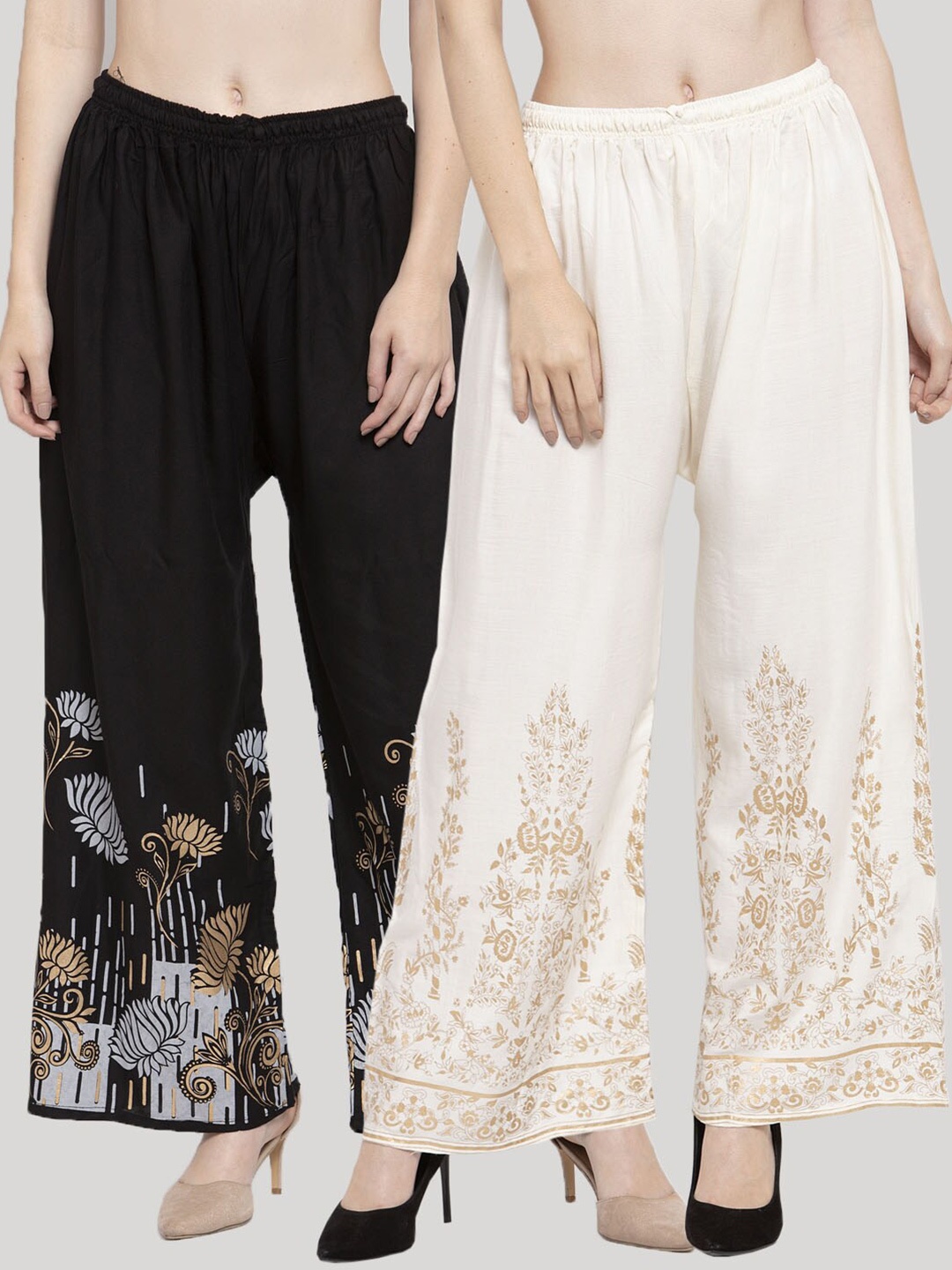

Clora Creation Women Off White & Black Pack Of 2 Floral Printed Knitted Palazzos