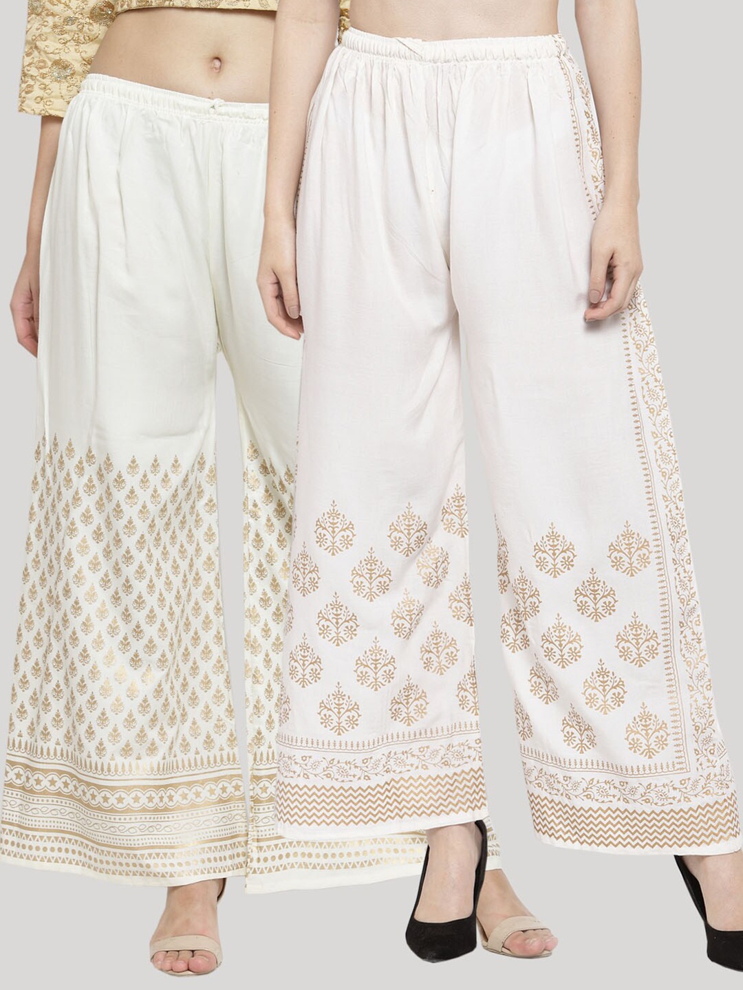 

Clora Creation Women White & Gold-Toned Pack Of 2 Ethnic Motifs Printed Knitted Palazzos