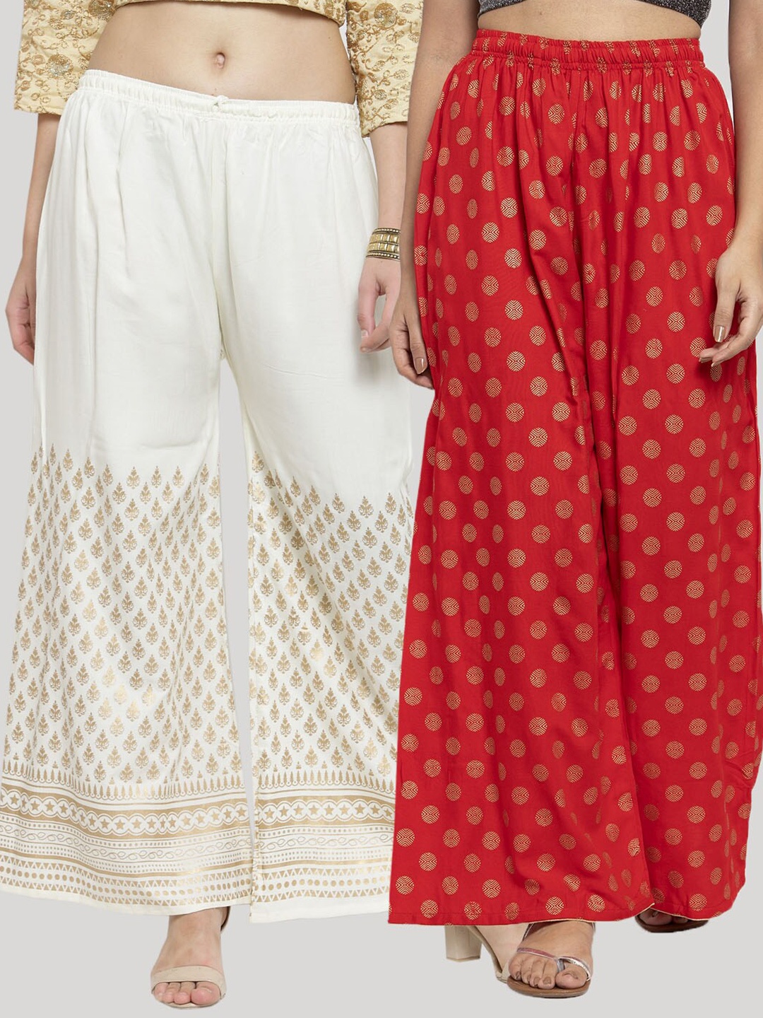 

Clora Creation Women Set Of 2 White & Red Floral Printed Knitted Ethnic Palazzos