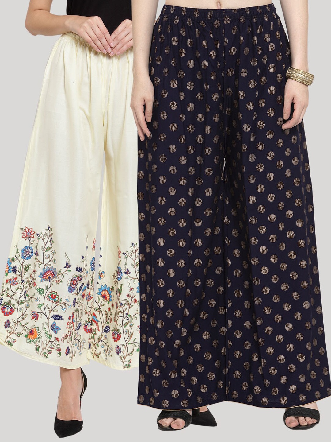 

Clora Creation Pack of 2 Women Cream-Coloured & Navy Blue Ethnic Motifs Printed Palazzos