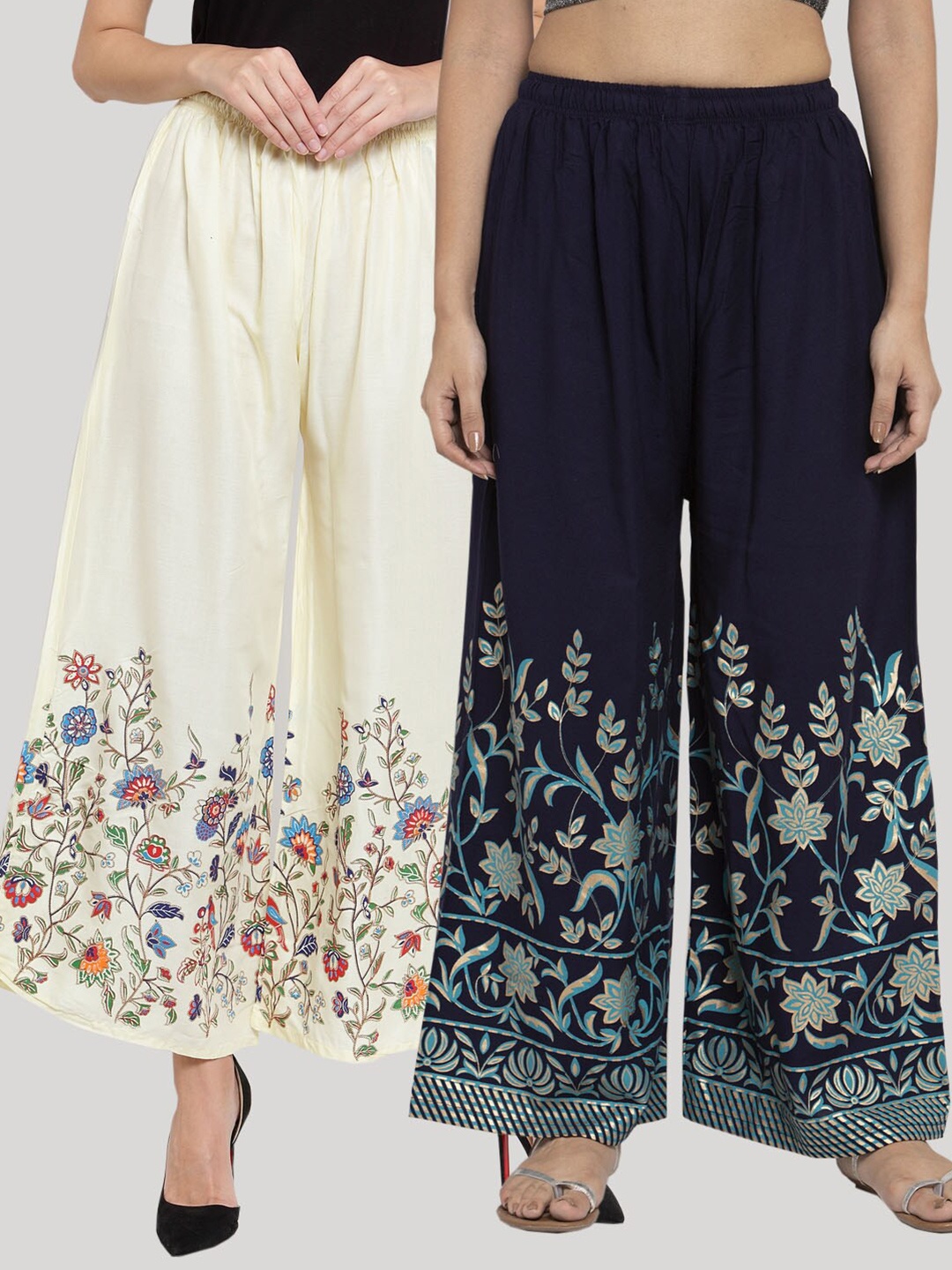 

Clora Creation Women Set Of 2 Navy Blue & Cream-Coloured Floral Printed Ethnic Palazzos