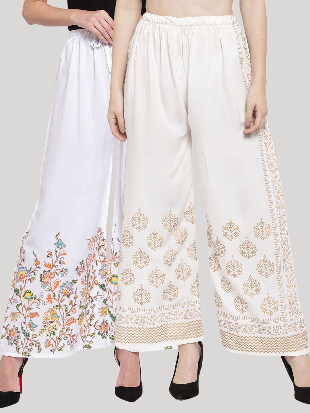

Clora Creation Women Pack of 2 White & Cream-Coloured Printed Knitted Ethnic Palazzos