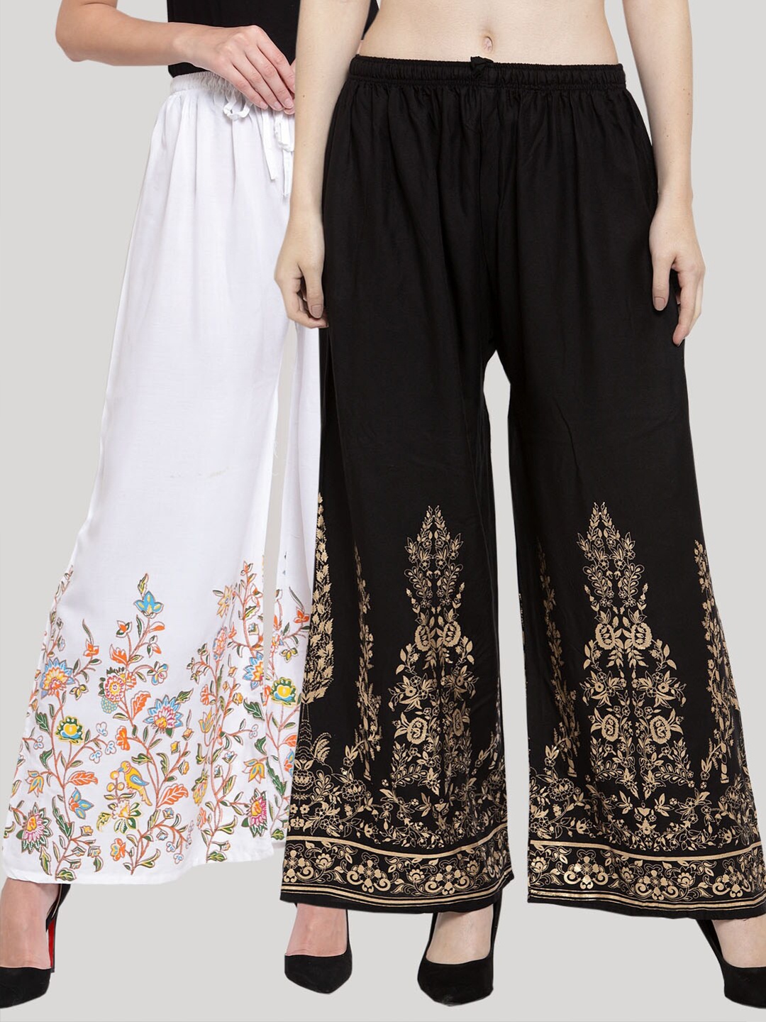 

Clora Creation Women White & Black Pack of 2 Floral Printed Flared Knitted Ethnic Palazzos