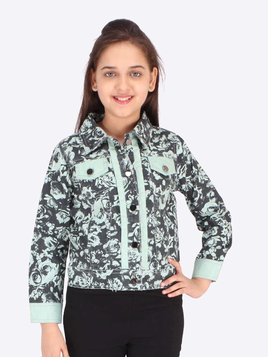 

CUTECUMBER Girls Black & Green Floral Printed Jacket