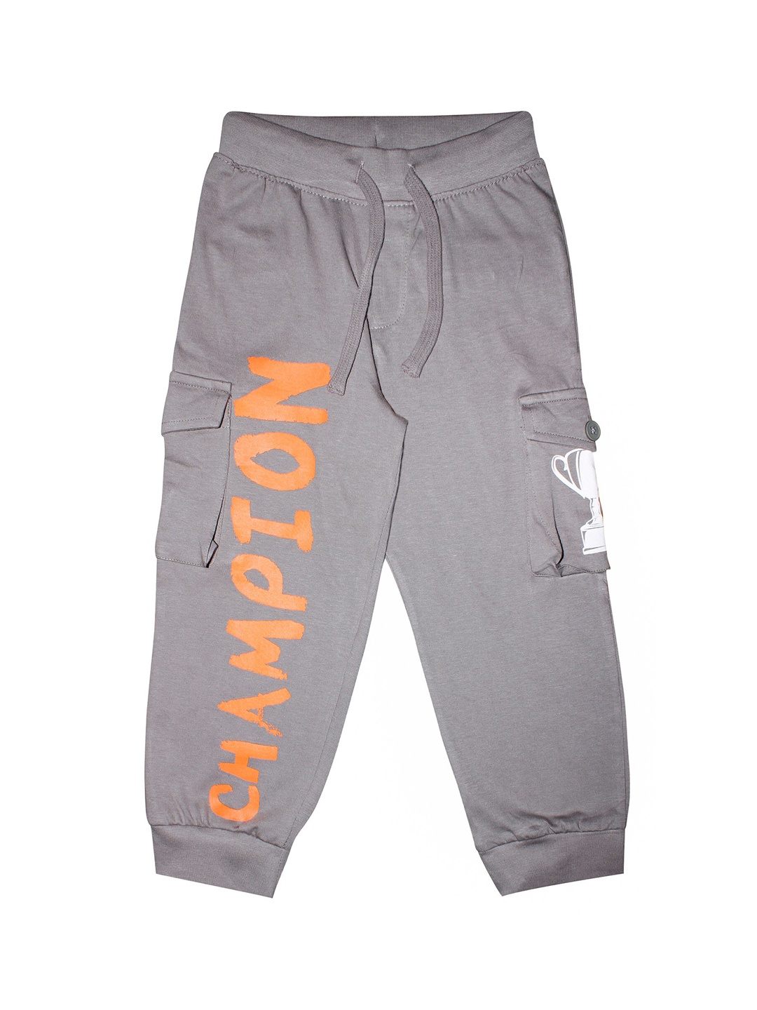 

KiddoPanti Boys Grey & Orange Champion Printed Pure Cotton Sustainable Cargo Joggers